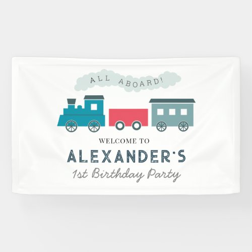 All Aboard Steam Train Blue Boy Birthday Banner