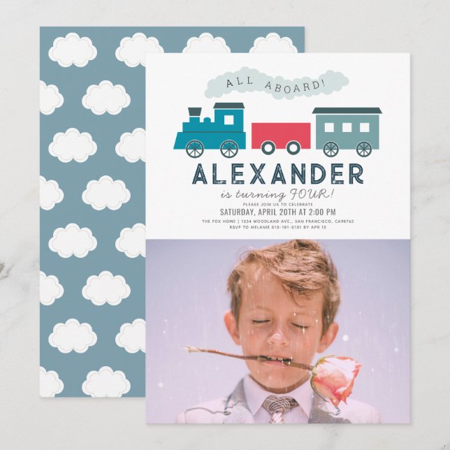 All Aboard Steam Train Blue Boy Birthday Photo Invitation (Front/Back)