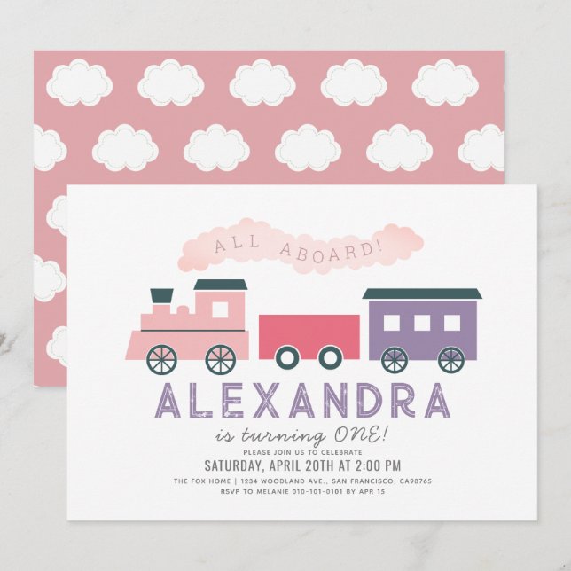 All Aboard Steam Train Pink Girl 1st Birthday Invi Invitation (Front/Back)