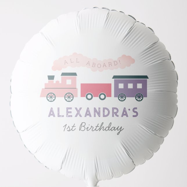 All Aboard Steam Train Pink Girl Birthday Balloon (Front)
