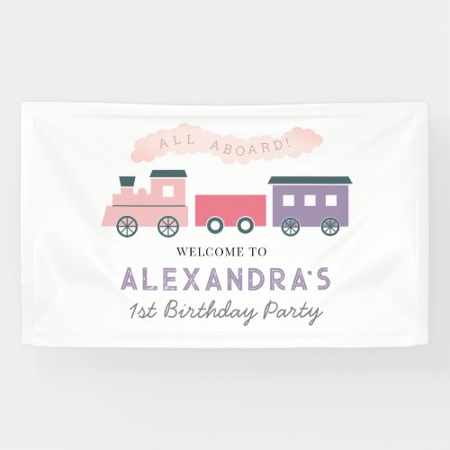All Aboard Steam Train Pink Girl Birthday Banner