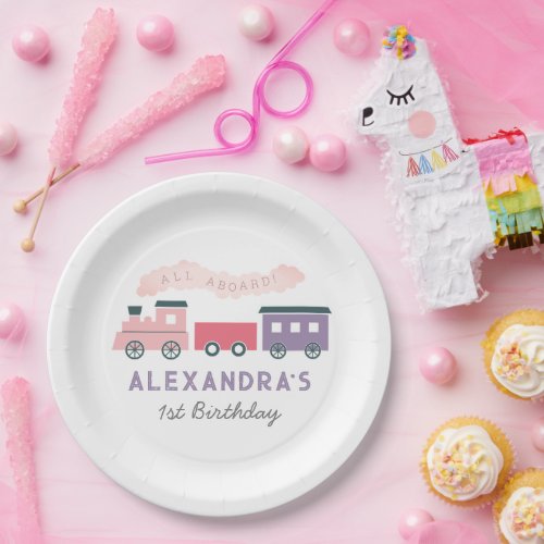 All Aboard Steam Train Pink Girl Birthday Paper Plates