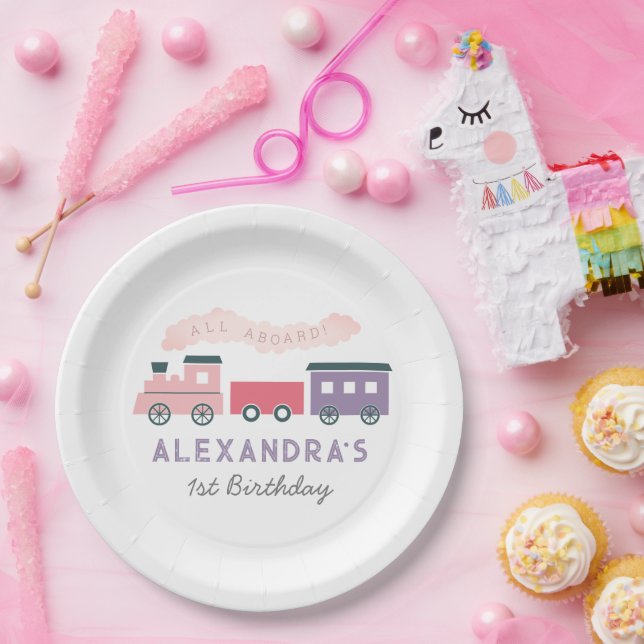 All Aboard Steam Train Pink Girl Birthday Paper Plates (Party)