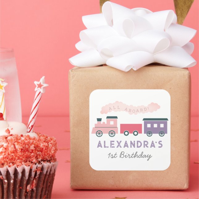 All Aboard Steam Train Pink Girl Birthday  Square Sticker (Party)