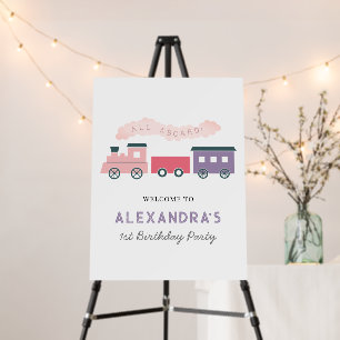 All Aboard Steam Train Pink Girl Birthday Welcome Foam Board