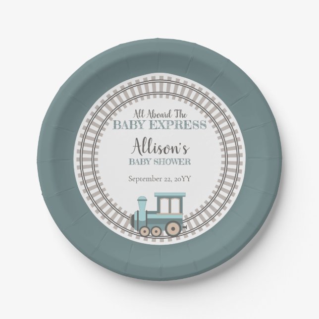 All Aboard the Baby Express Train Boy Baby Shower Paper Plates (Front)