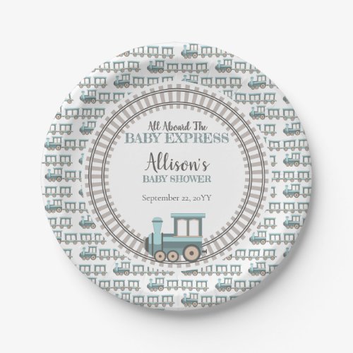 All Aboard the Baby Express Train Boy Baby Shower Paper Plates