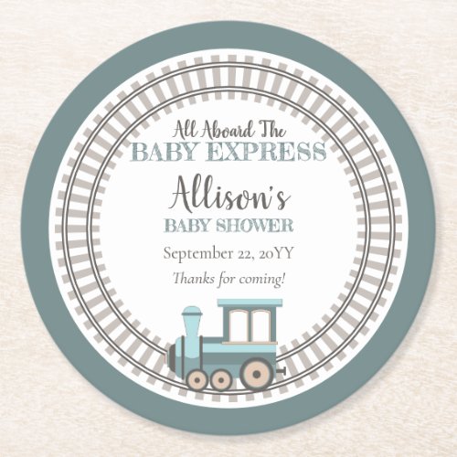All Aboard the Baby Express Train Boy Baby Shower Round Paper Coaster