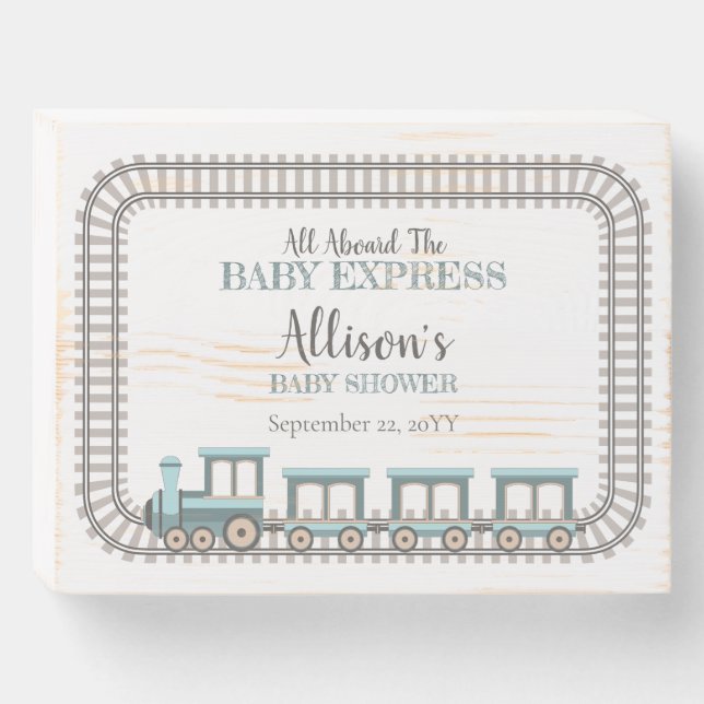 All Aboard the Baby Express Train Boy Baby Shower Wooden Box Sign (Front Horizontal)