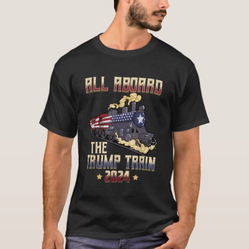 All Aboard the Trump Train 2024 American Flag T_Shirt