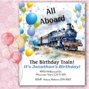 All Aboard Train Birthday Party  Invitation