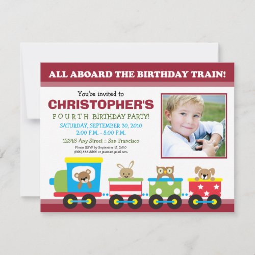 All Aboard Train Boys Birthday Invitation red