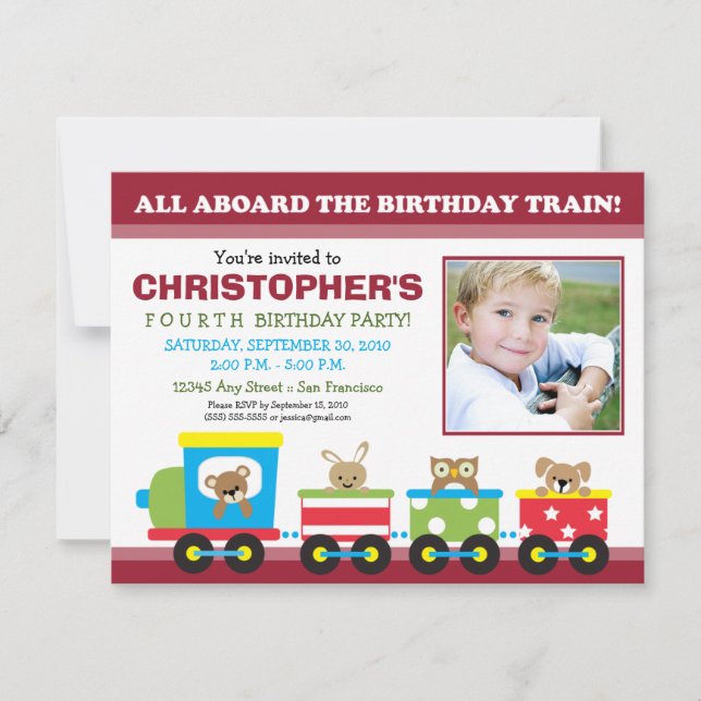 All Aboard Train Boy's Birthday Invitation (red) (Front)