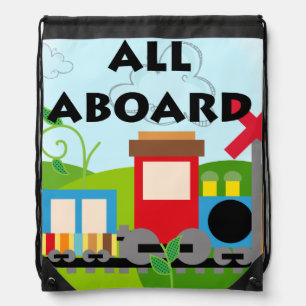 All Aboard Train Drawstring Backpack Bag