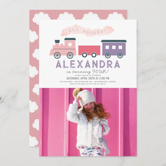 All Aboard Train Pink Girl Birthday Photo Invitation (Front/Back)