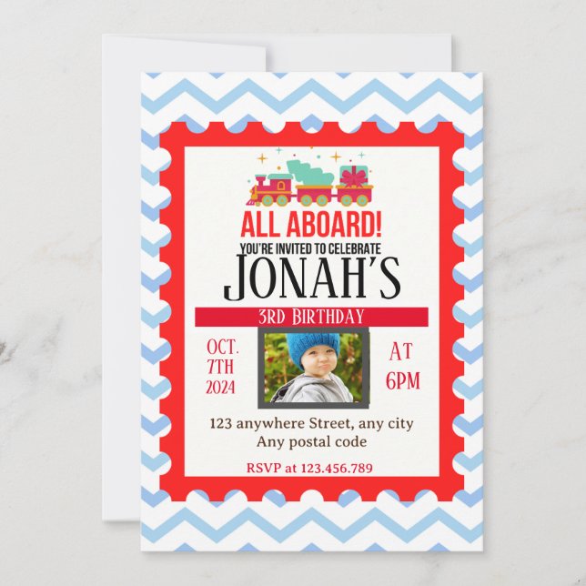 All aboard! Train theme  Invitation (Front)