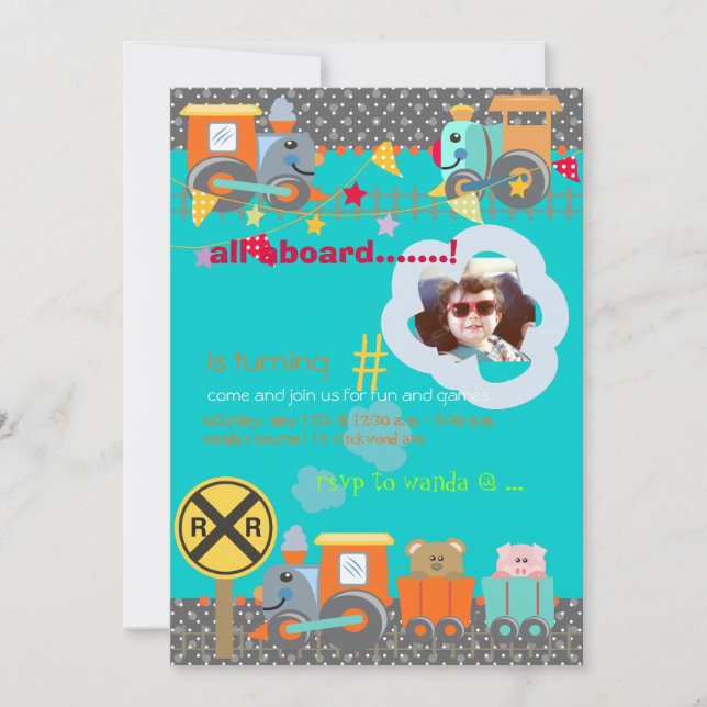 All aboard, trains birthday party invites (Front)