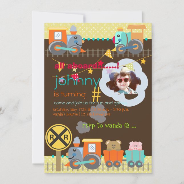 All aboard, trains birthday party invites (Front)