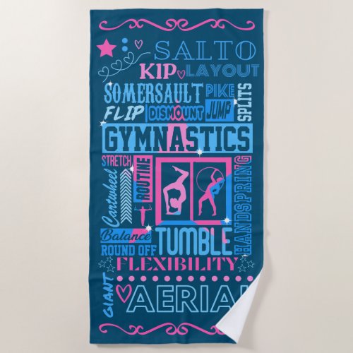 All About Gymnastics Typography in Pink and Blue   Beach Towel
