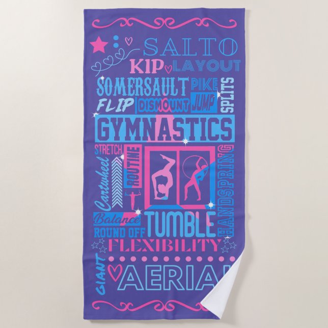 All About Gymnastics Typography in Pink and Blue  Beach Towel (Front)