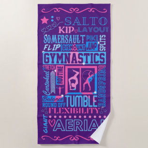 All About Gymnastics Typography in Pink and Blue Beach Towel