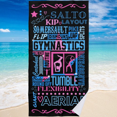All About Gymnastics Typography in Pink and Blue  Beach Towel