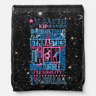 All About Gymnastics Typography in Pink and Blue   Drawstring Bag