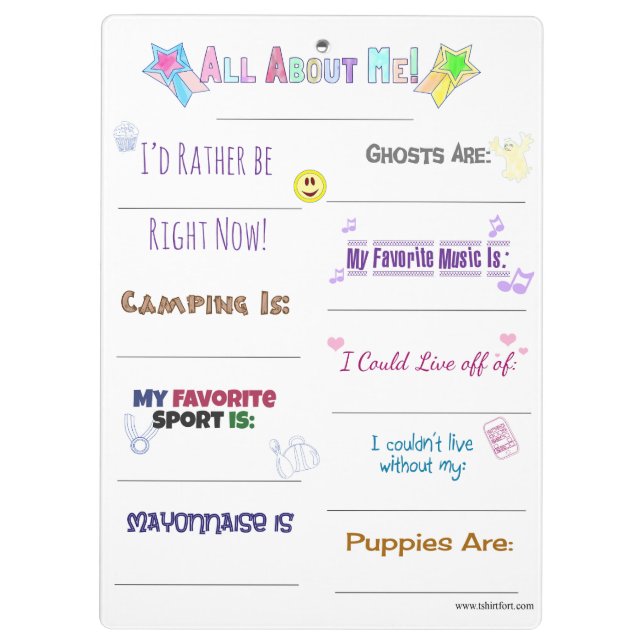 All About Me Customize it Clipboard (Back)