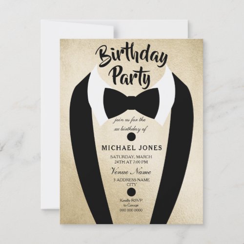 All age Mens Gold Bow Tie Birthday Party Invite