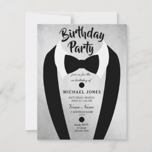 All age Mens Silver Bow Tie Birthday Party Invite