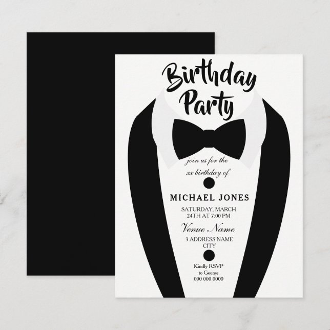 All age Mens Tuxedo Bow Tie Birthday Party Invite (Front/Back)