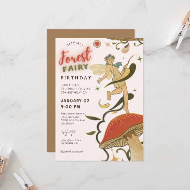  All age Mushroom Forest fairy girl birthday  Invitation (Front/Back In Situ)