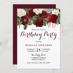 All ages Burgundy Red Floral Birthday Party Invite