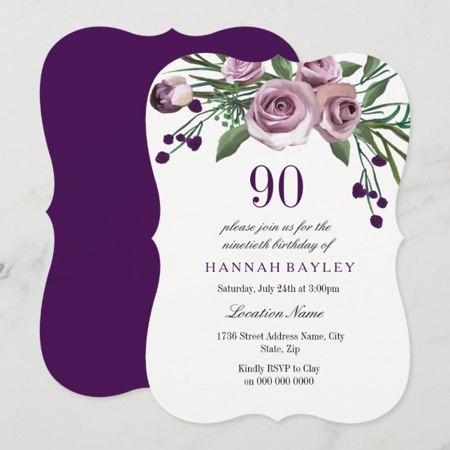 All Ages Elegant Purple Rose 90th Birthday Invite (Front/Back)