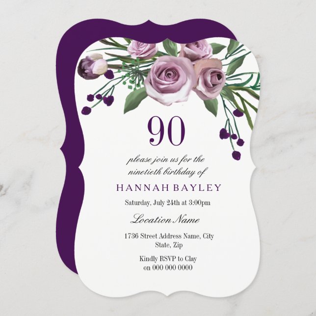 All Ages Elegant Purple Rose 90th Birthday Invite (Front/Back)
