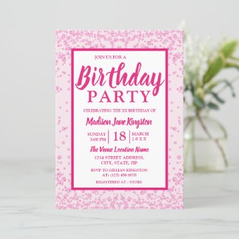 All Ages Pink Glitter Border Girly Birthday Party Invitation | Zazzle