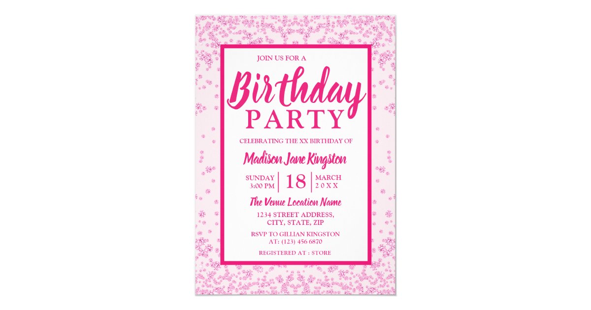 All Ages Pink Glitter Border Girly Birthday Party Invitation