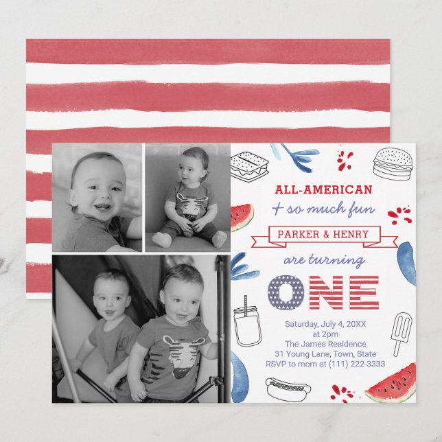 All-American 1st Birthday Party For Twins Invitation (Front/Back)