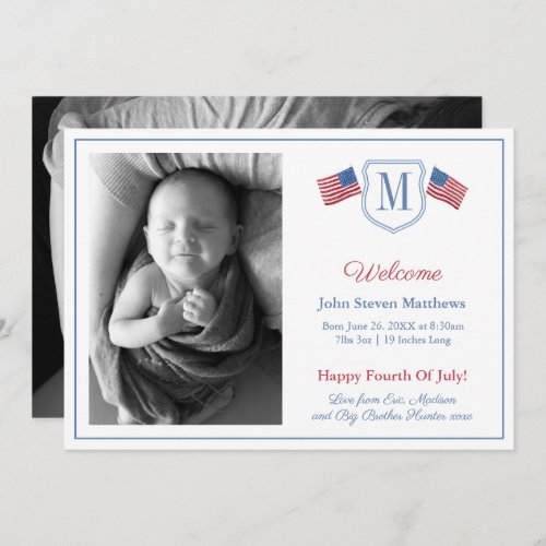 All-American 4th Of July Welcome Baby Boy Birth Announcement - ** Photo credit: Photography © Storytree Studios, Stanford, CA ** / Preppy 4th Of July photo birth announcement card design featuring USA flags with crest shape with space for a single letter monogram (you can either put the baby's first initial or the family surname). The flag elements were originally handpainted by me in watercolors onto 100% cotton paper before being scanned and arranged / styled digitally (the crest shape is by another artist). The reverse side has space for a full horizontal photo. If you don't need another photo on the back then you can delete this to reveal a blue and white Greek Key pattern, created digitally by me. You can change the contrast color on the reverse (currently a mid blue) by changing the background color on the reverse (click to customize further underneath the text customisation area. This will take you into the design tool. You can also add your own horizontal photo to the reverse instead.