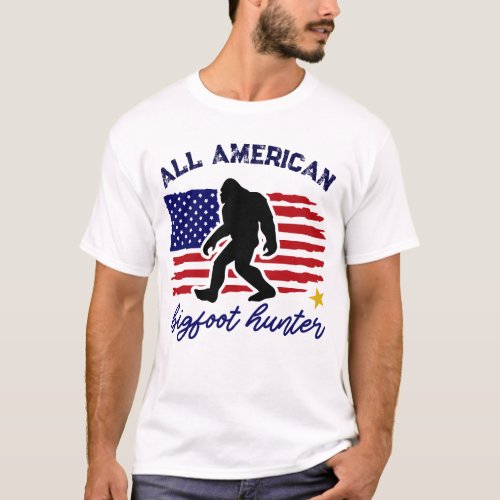 All American Bigfoot Hunter USA Flag T_Shirt