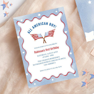 All American Boy 4th July Watercolor Birthday Invitation