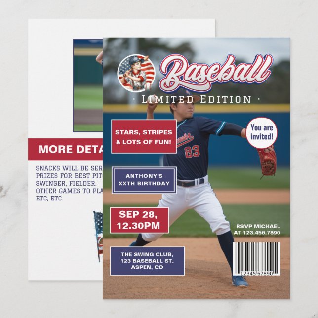 All American Boy Baseball Magazine Cover Birthday Invitation (Front/Back)