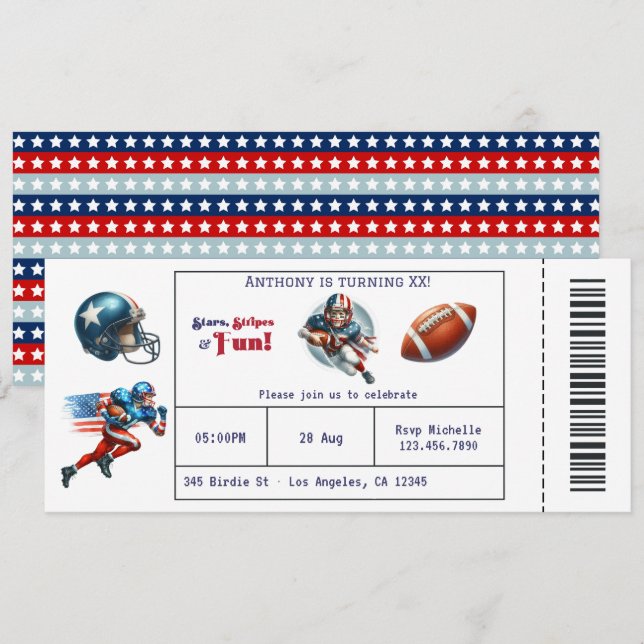 All American Boy Football Ticket Birthday Party Invitation (Front/Back)