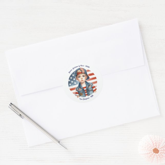 “All American Boy” Stars & Stripes Birthday Party Classic Round Sticker (Envelope)