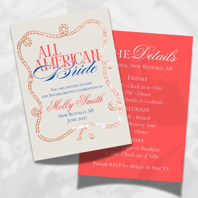 All American Bride Bachelorette Weekend Itinerary  Invitation (Celebrate the bride with stars, stripes, and sunshine using this All-American Bachelorette!)