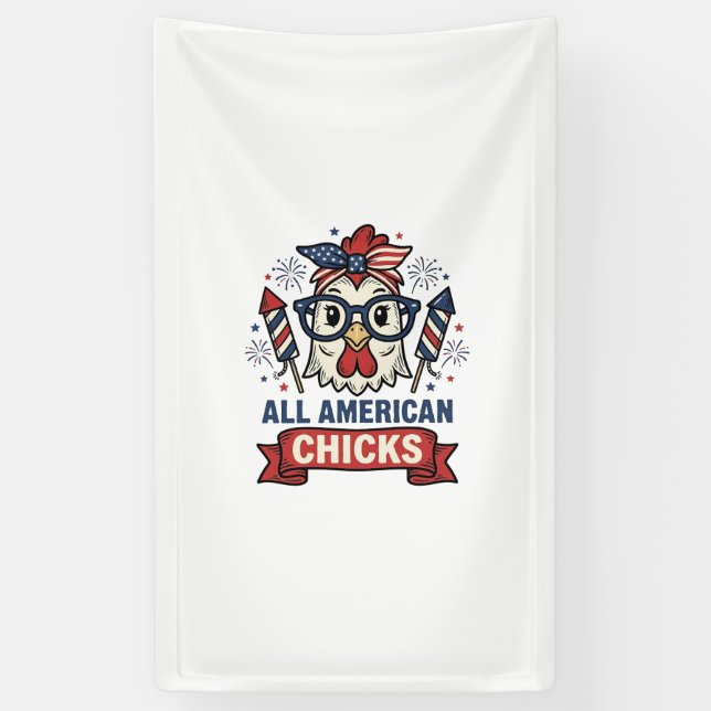 All American Chicks Patriotic Chicken Vector Desig Banner (Vertical)