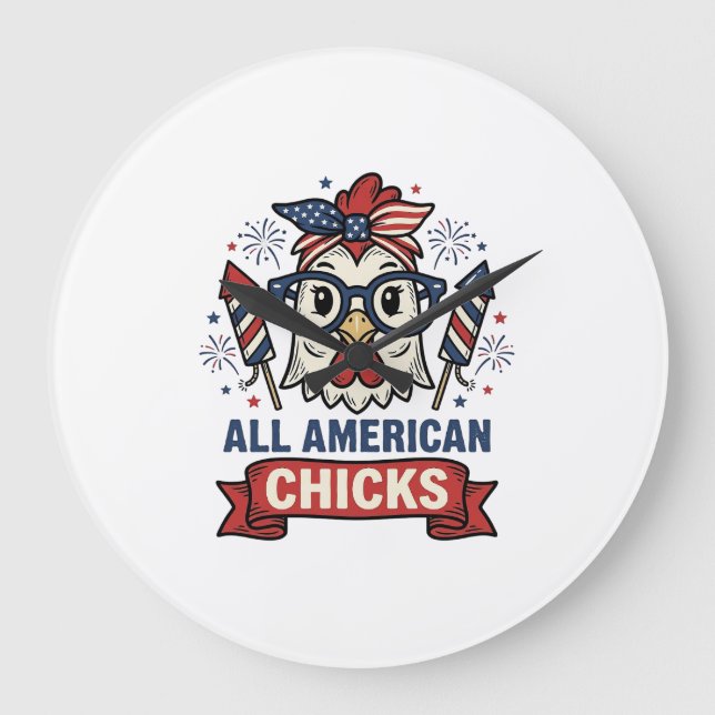 All American Chicks Patriotic Chicken Vector Desig Large Clock (Front)