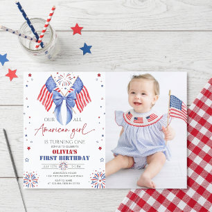 All American Girl 1st Birthday Photo Invitation