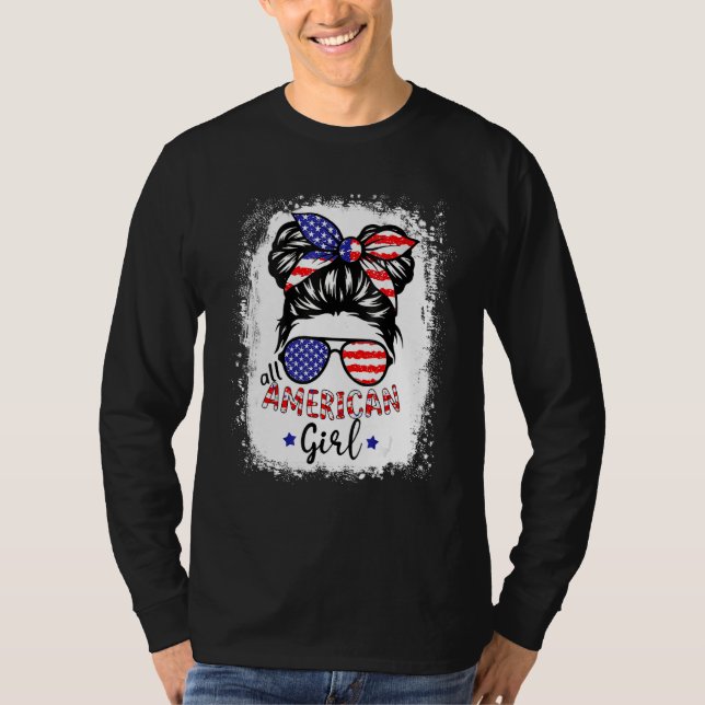 All American Girl 4th July Messy Bun Us Flag T-Shirt (Front)