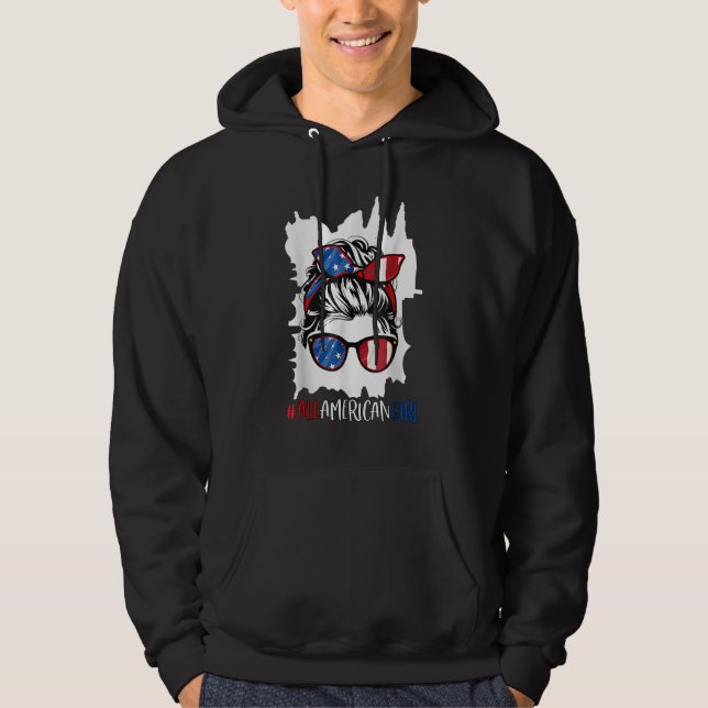 All American Girl 4th Of July Messy Bun USA Flag Hoodie (Front)